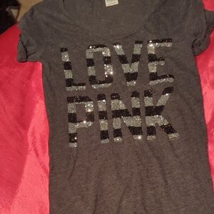 PINK Victoria's Secret Charcoal Tee with Sequin Lettering